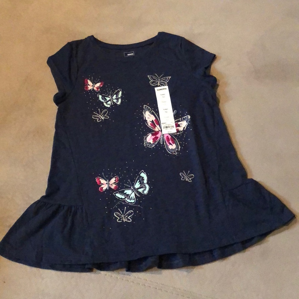 Sonoma Top Girls Size 12 Navy Blue Butterflies Short‎ Sleeve Tunic Top NWT